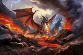 Ferocious fire breathing dragon with open wings, claws and fangs over a lava flow in a mountainous