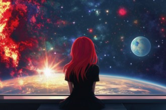 Anime girl with red hair captivated by the vision of a universe full of planets and stars, AI