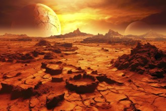 Imaginary desolate landscape of a red planet after an earthquake, AI generated