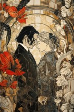 Tarot card The Lovers showing a couple in a romantic embracement symbolizing the concept of Love,