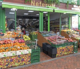 Nefertiti fruit and vegetable greengrocer shop in town centre of Reading, Berkshire, England, UK