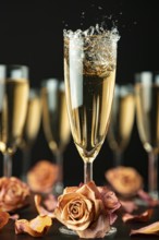 Sparkling wine made of glass surrounded by other glasses and rose petals on a black background