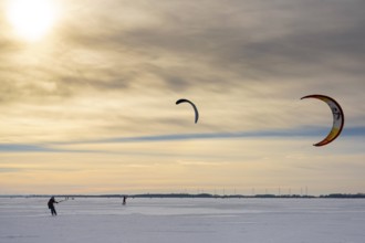 Skating on the ice of Lake Dümmer, ice skating on winter Dümmer, Eickhöpen, Lembruch, Lower Saxony,