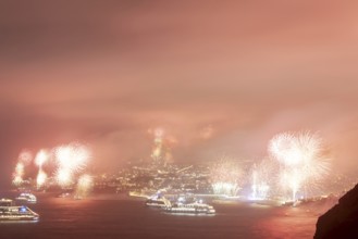 New Year's Eve fireworks, dusk, Atlantic Ocean, harbour with cruise ships, Funchal, Madeira,