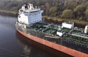 Tanker, oil tanker MIAMI LIGHT sails with a tug through the Kiel Canal, NOK, Kiel Canal, Kiel