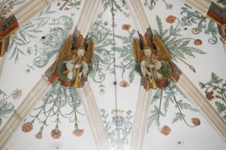 Trombone angel, vaulted ceiling with plant frescoes, choir room, Blaubeuren Abbey, Swabian Jura,