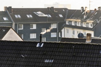 Smoke plume from a chimney over densely built residential area in the evening light, wintry city