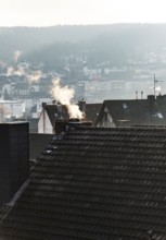 Smoke plume from a chimney over densely built residential area in the evening light, wintry city