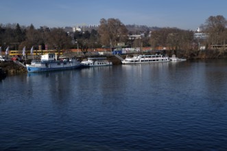 Boats, ships anchor at Wilhelma am Neckar pier, Neckar-Käptn, passenger shipping, Stuttgart,