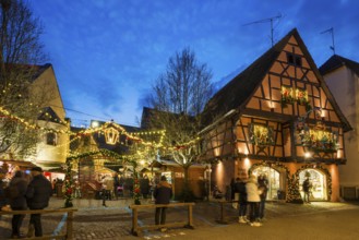 Christmas market, blue hour, Eguisheim, Haut-Rhin, Grand Est Region, Alsace, France