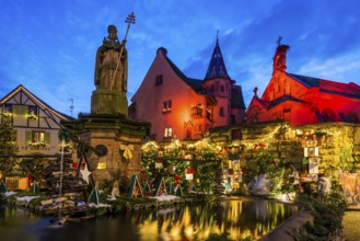 Houses illuminated and decorated for Christmas, Christmas market, blue hour, Eguisheim, Haut-Rhin