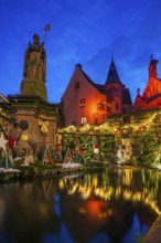 Houses illuminated and decorated for Christmas, Christmas market, blue hour, Eguisheim, Haut-Rhin