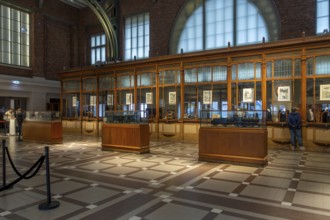 Former ticket hall with ticket counters and offices of the Schaerbeek railway station at Train