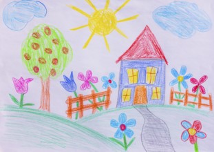 Naive illustration, children's drawing, house with garden, flowers, sunshine and cloud, Austria
