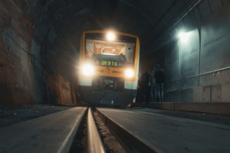 A train with glowing headlights in the tunnel, people standing on the sidelines, acceptance of the