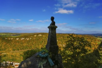 Wilhelm Hauff memorial, rocks above the Echaz Valley, monument from 1839, obelisk with bronze bust,
