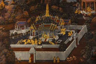 The Grand Royal Palace, Wat Phra Kaeo Buddhist Temple, wall painting on galleries with Buddhist