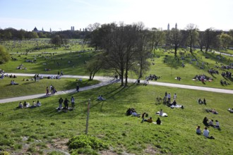 View of the southern English Garden from Monopteros, many people enjoying summer, Munich, Bavaria,
