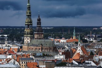 Panorama of Riga with distinctive church towers and historic buildings, Riga, Latvia, Latvia