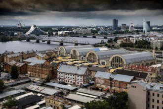 Distinctive view of Riga Central Market and surrounding bridges, Riga, Latvia, Latvia
