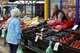 Saleswoman presents fruit and vegetables at the Central Market in Riga, Riga, Central Market,