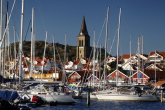 Bustling port of Fjällbacka with sailboats and a church in the background, Fjällbacka, Sweden