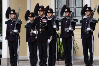 Ceremonial changing of the guard in magnificent uniforms at the Royal Palace, Oslo, Norway