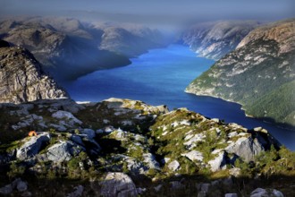 Breathtaking view of the Lysefjord of Prekestolen surrounded by impressive mountains, Lysefjord,