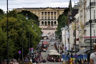 View of Oslo Castle from a busy street, Oslo, Oslo, Norway