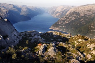 A stunning view of the deep blue Lysefjord from the heights of Preikestolen, Lysefjord, Rogaland,