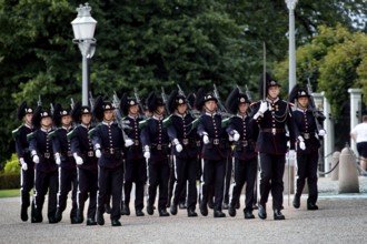 Guard changing the guard in solemn uniforms at the Royal Palace, Oslo, Norway