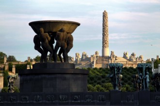 Bronze fountain and monoliths in Vigelandsparken at sunset, Oslo, Norway