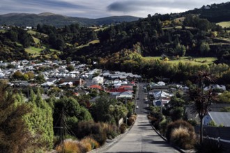 View down a hill town with surrounding vegetation in Dunedin, Dunedin, Otago, New Zealand