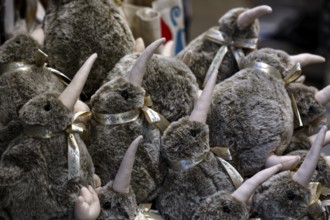 Collection of kiwi plush toys as souvenirs at West Coast Wildlife Centre, Franz Josef Glacier, New