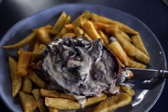 Steak with rich sauce on fries at Havelock Hotel, Havelock, Marlborough, New Zealand