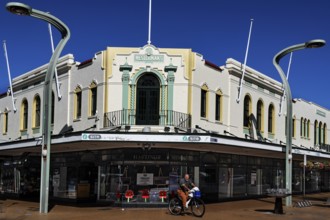Westerman's Building in art deco style with pastel coloured façade in the sun, Hastings, New