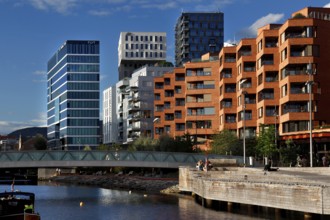 Colourful modern facades along the water in bright blue sky, Oslo, Norway