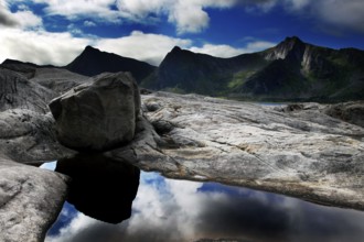 Spectacular view of the Oksen mountain range from Tungeneset, Senja, Norway
