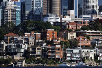 Dense layout of residential buildings in front of a modern waterfront skyline, Sydney, New South