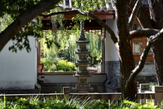 Pagoda and garden view through a window in the Chinese Garden of Friendship, Sydney, New South