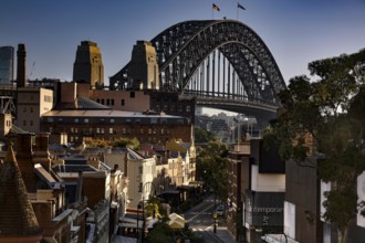 View from Cahill Expressway of Harbour Bridge and historic buildings in The Rocks, Sydney, New
