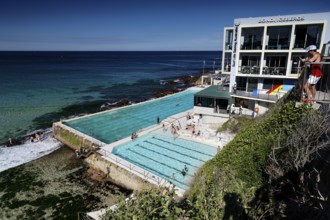 Iconic Bondi Icebergs swimming club on the coast overlooking the open sea, Sydney, New South Wales,