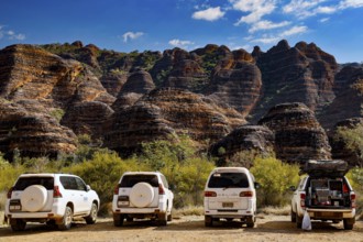 Car park in front of the beehive-like sandstone cliffs in Purnululu National Park, Purnululu