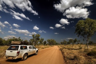 SUV on dusty road under dramatic sky in Purnululu National Park, Purnululu National Park, Western