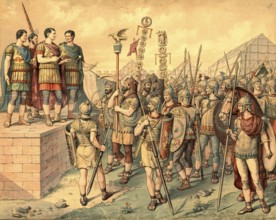 A Roman war camp, around the year 200, in Germania, school picture, authentic reproduction of a