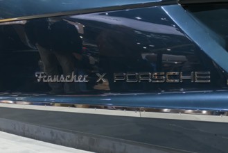 Frauscher x PORSCHE logo on luxurious 790 Spectre sports boat at Messe Boot, Düsseldorf, North