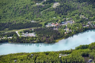 View from above of turquoise blue Kenai River, Cooper Landing, Kenai Peninsula, Alaska, USA