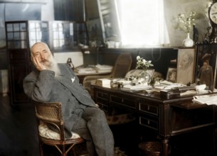 Claude Monet in his office at Giverny, French painter and founder of Impressionism, digitally