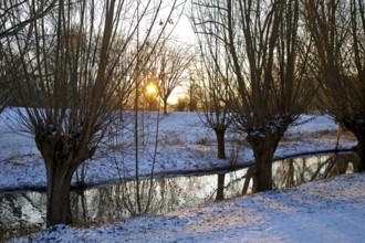 Sunrise over Lower Rhine landscape on the Aubruch Canal in winter, Moers, Wesel district, Lower