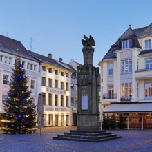 Christmas tree on the Altmarkt at dusk, Altstadt, Moers, Ruhr area, North Rhine-Westphalia, Germany